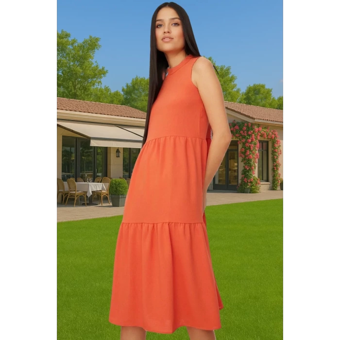 Kadın Yazlık Midi Elbise Nefes Alan Polyester Dokuma Kumaş Rahat Trend Tasarım Modern Stil