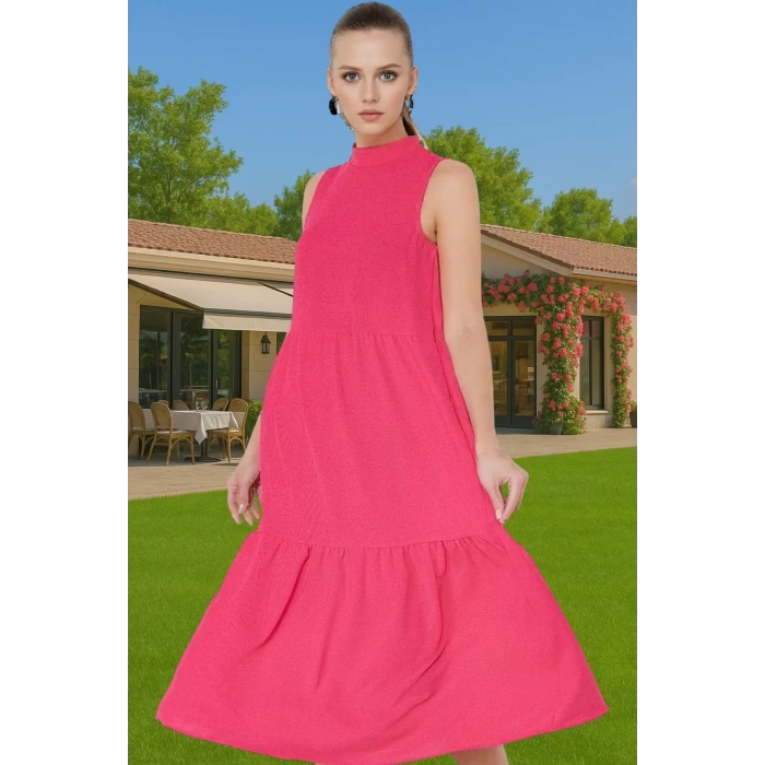 Kadın Yazlık Midi Elbise Nefes Alan Polyester Dokuma Kumaş Rahat Trend Tasarım Modern Stil