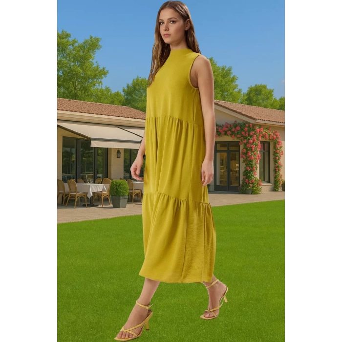 Kadın Yazlık Midi Elbise Nefes Alan Polyester Dokuma Kumaş Rahat Trend Tasarım Modern Stil