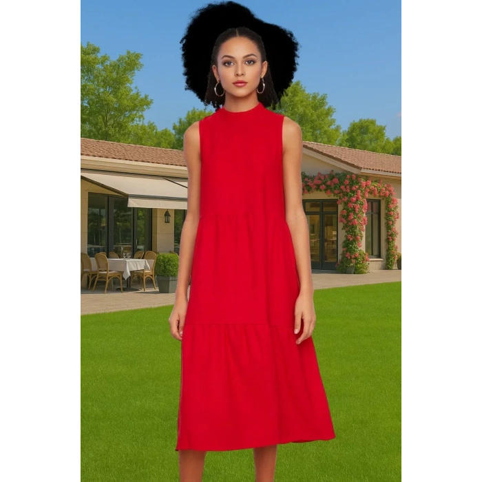 Kadın Yazlık Midi Elbise Nefes Alan Polyester Dokuma Kumaş Rahat Trend Tasarım Modern Stil