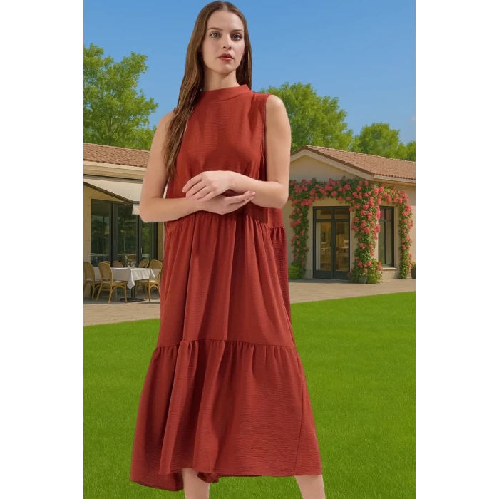 Kadın Yazlık Midi Elbise Nefes Alan Polyester Dokuma Kumaş Rahat Trend Tasarım Modern Stil