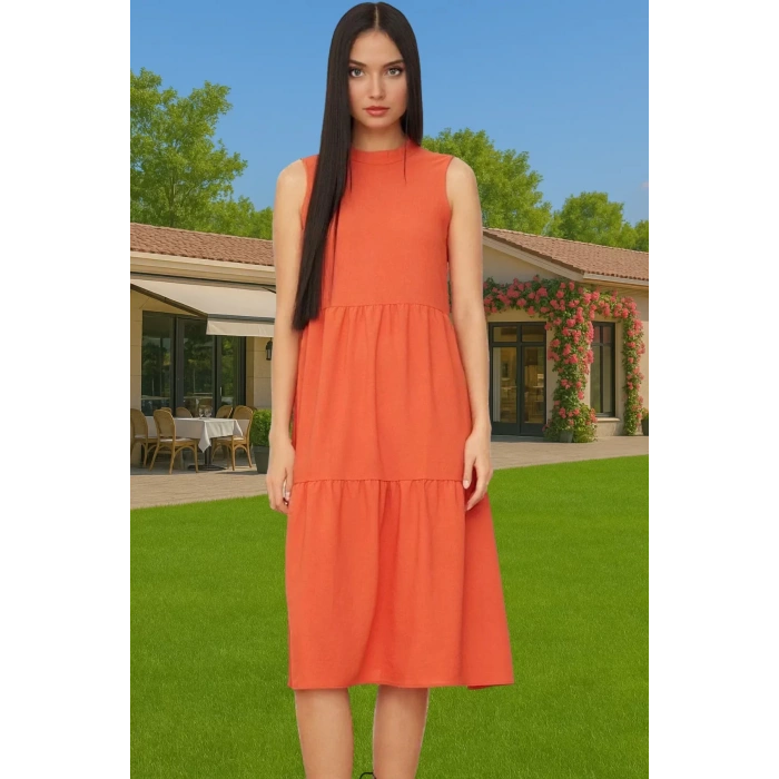 Kadın Yazlık Midi Elbise Nefes Alan Polyester Dokuma Kumaş Rahat Trend Tasarım Modern Stil