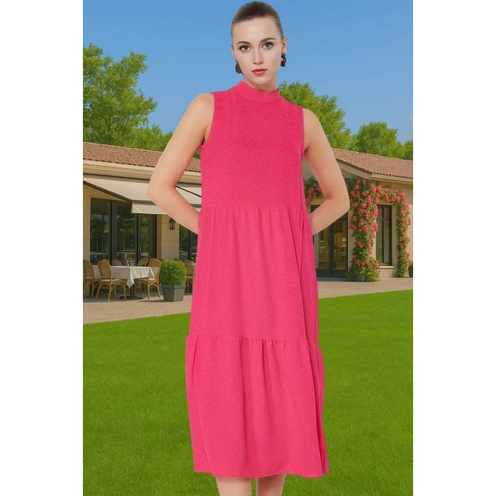 Kadın Yazlık Midi Elbise Nefes Alan Polyester Dokuma Kumaş Rahat Trend Tasarım Modern Stil