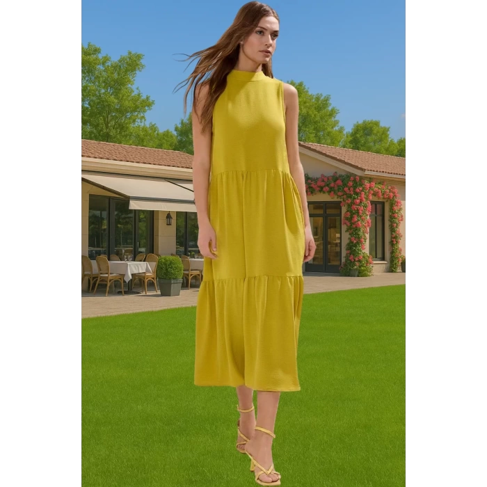 Kadın Yazlık Midi Elbise Nefes Alan Polyester Dokuma Kumaş Rahat Trend Tasarım Modern Stil