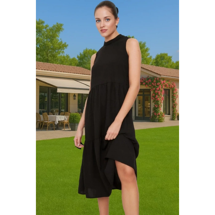 Kadın Yazlık Midi Elbise Nefes Alan Polyester Dokuma Kumaş Rahat Trend Tasarım Modern Stil