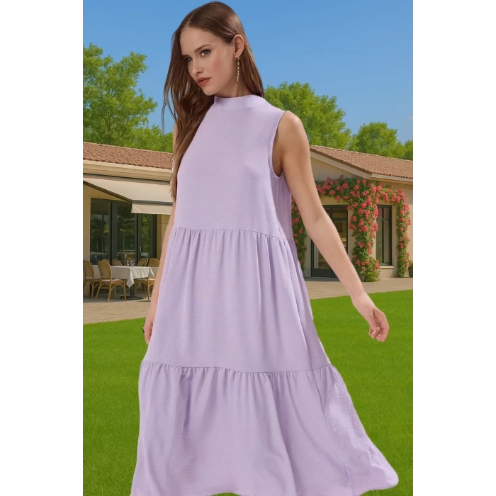 Kadın Yazlık Midi Elbise Nefes Alan Polyester Dokuma Kumaş Rahat Trend Tasarım Modern Stil