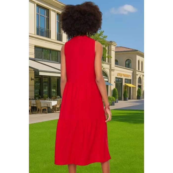 Kadın Yazlık Midi Elbise Nefes Alan Polyester Dokuma Kumaş Rahat Trend Tasarım Modern Stil