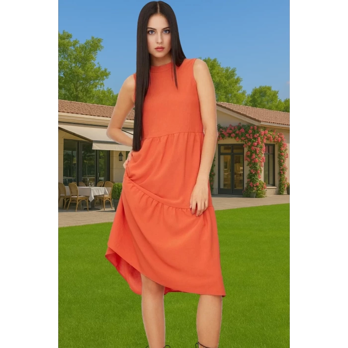 Kadın Yazlık Midi Elbise Nefes Alan Polyester Dokuma Kumaş Rahat Trend Tasarım Modern Stil