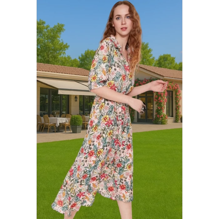 Kadın Yazlık Midi Gömlek Elbise Animal Desenli Viskoz Kumaş Rahat Kalıp Modern Stil Seçkin Malzeme