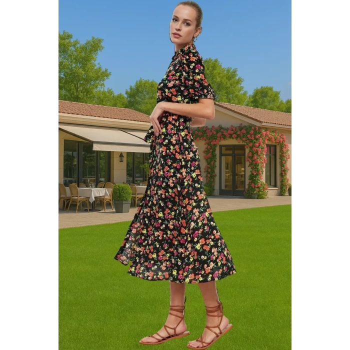 Kadın Yazlık Midi Gömlek Elbise Animal Desenli Viskoz Kumaş Rahat Kalıp Modern Stil Seçkin Malzeme