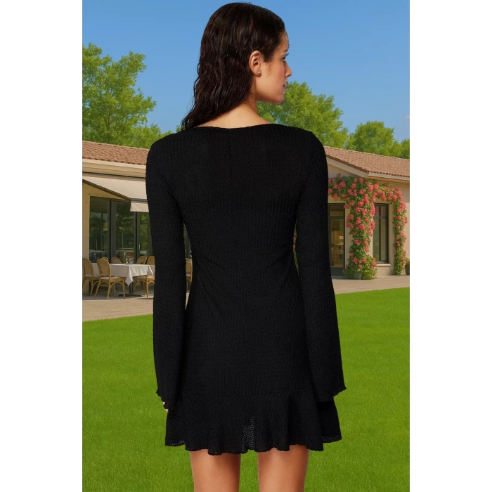 Kadın Yazlık Mini Örme Elbise V Yaka İspanyol Kol Polyester Gofre Konforlu Kesim Modern Stil