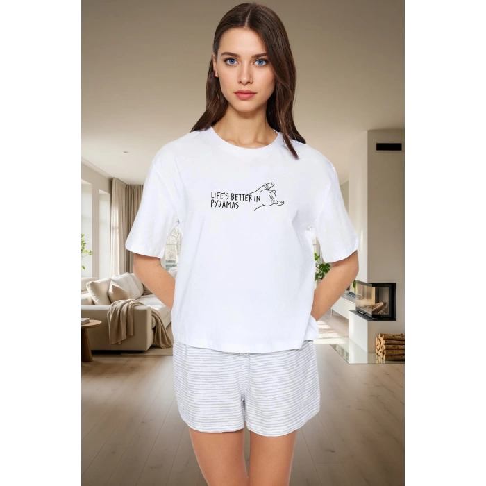 Kadın Yazlık Pamuklu Çizgili Pijama Takımı Rahat Kalıp Renk Ve Şık Dayanıklı Malzeme