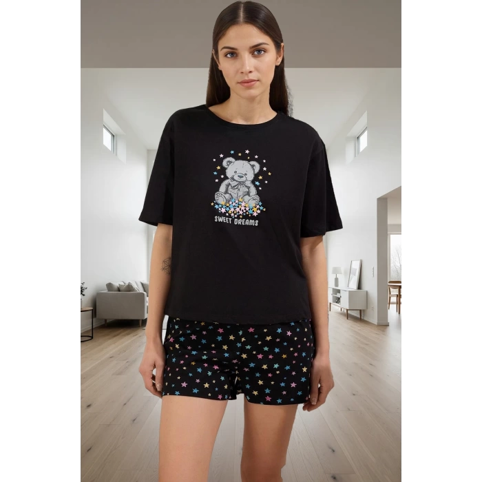 Kadın Yazlık Pamuklu Pijama Takımı Ayıcık Baskı Rahat Kalıp Günlük Kullanım İçin Profesyonel Görünüm