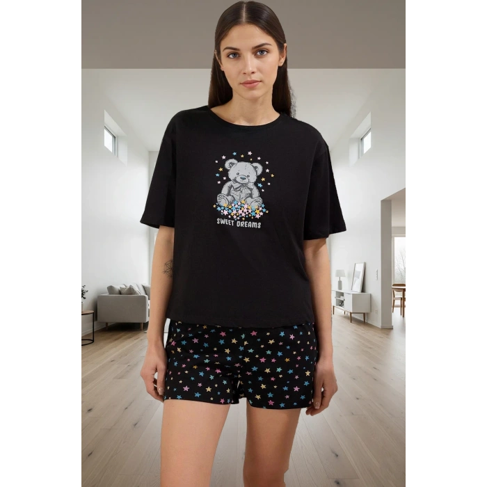 Kadın Yazlık Pamuklu Pijama Takımı Ayıcık Baskı Rahat Kalıp Günlük Kullanım İçin Profesyonel Görünüm