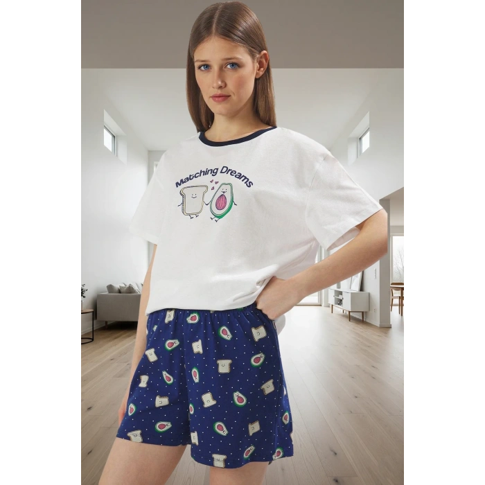 Kadın Yazlık Pamuklu Pijama Takımı Regular Kalıp Avokado Desenli Seçkin Malzeme Mükemmel Uyum