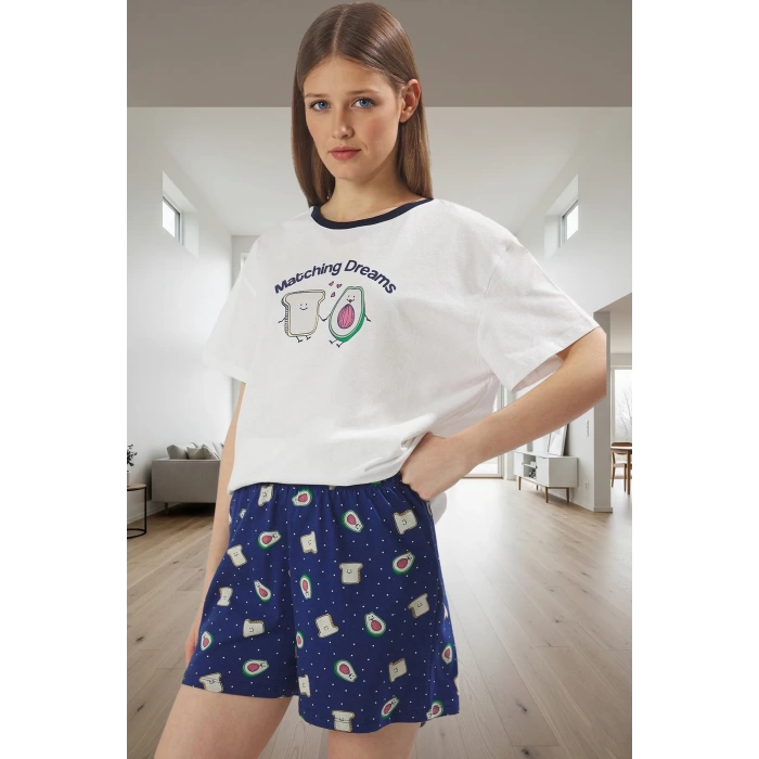 Kadın Yazlık Pamuklu Pijama Takımı Regular Kalıp Avokado Desenli Seçkin Malzeme Mükemmel Uyum