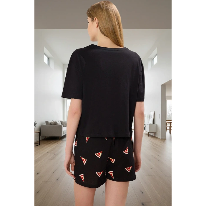 Kadın Yazlık Pamuklu Pizza Desenli Pijama Takımı Premium Kalite Konforlu Kesim Şık Görünüm