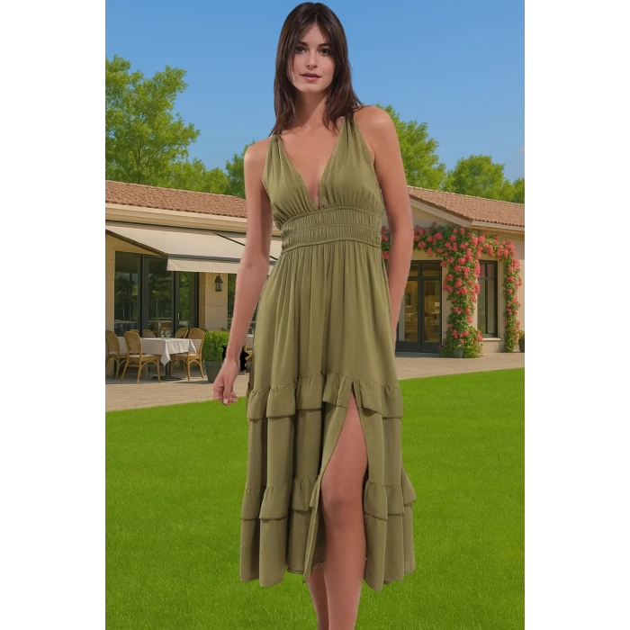 Kadın Yazlık Plaj Elbisesi Volanlı Haki Maxi Elbise Rahat Rahat Kullanım Uzun Ömürlü Modern Stil