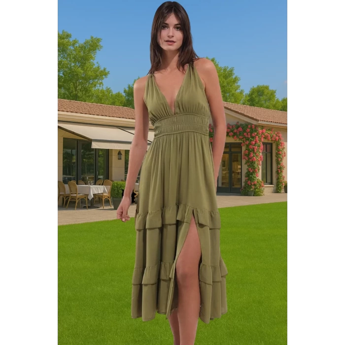 Kadın Yazlık Plaj Elbisesi Volanlı Haki Maxi Elbise Rahat Rahat Kullanım Uzun Ömürlü Modern Stil