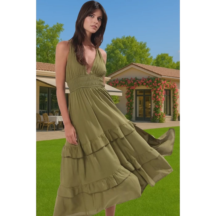 Kadın Yazlık Plaj Elbisesi Volanlı Haki Maxi Elbise Rahat Rahat Kullanım Uzun Ömürlü Modern Stil
