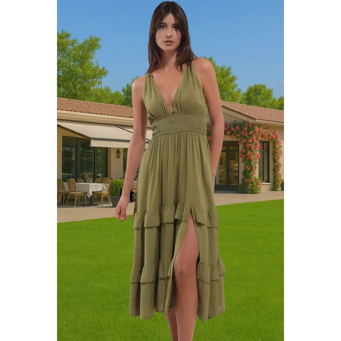 Kadın Yazlık Plaj Elbisesi Volanlı Haki Maxi Elbise Rahat Rahat Kullanım Uzun Ömürlü Modern Stil