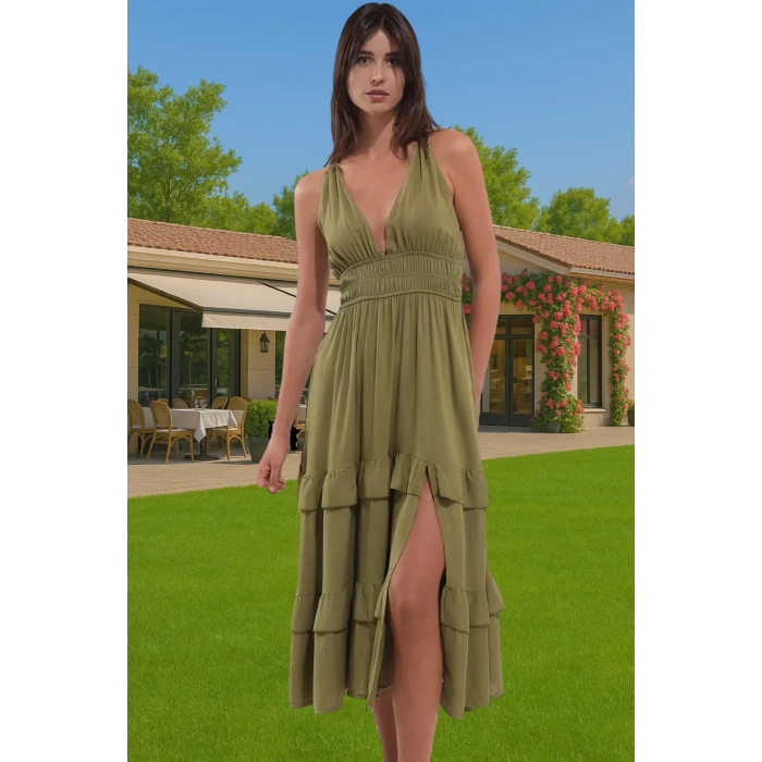 Kadın Yazlık Plaj Elbisesi Volanlı Haki Maxi Elbise Rahat Rahat Kullanım Uzun Ömürlü Modern Stil