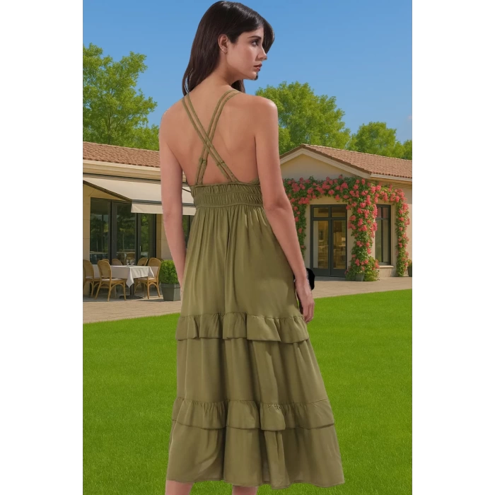 Kadın Yazlık Plaj Elbisesi Volanlı Haki Maxi Elbise Rahat Rahat Kullanım Uzun Ömürlü Modern Stil