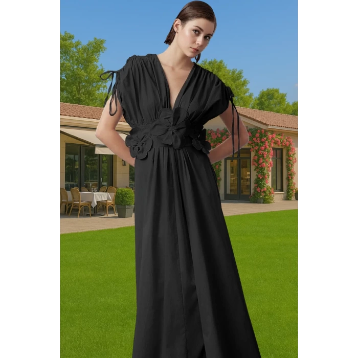 Kadın Yazlık Poplin Abiye Elbise 3D Çiçek Detay Midi Boy Modern Stil Zarifane Tasarım
