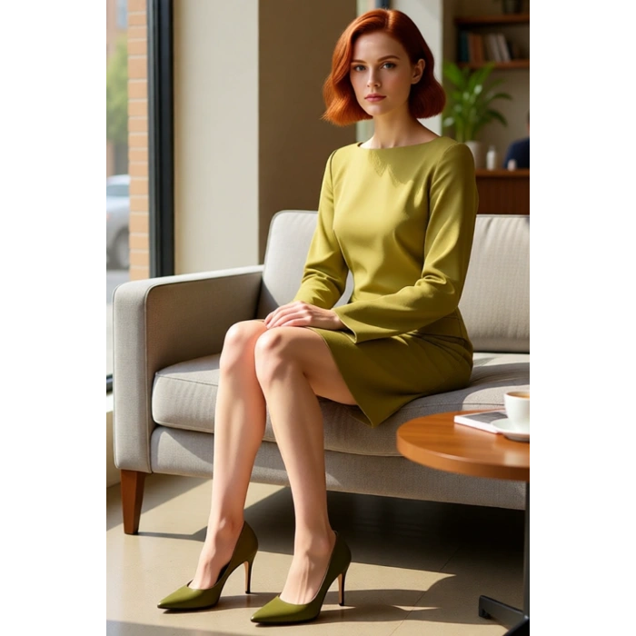 Kadın Yeşil A Line Cep Detaylı Kayık Yaka İspanyol Kol Mini Dokuma Elbise Kış Sezonu Şıklığı