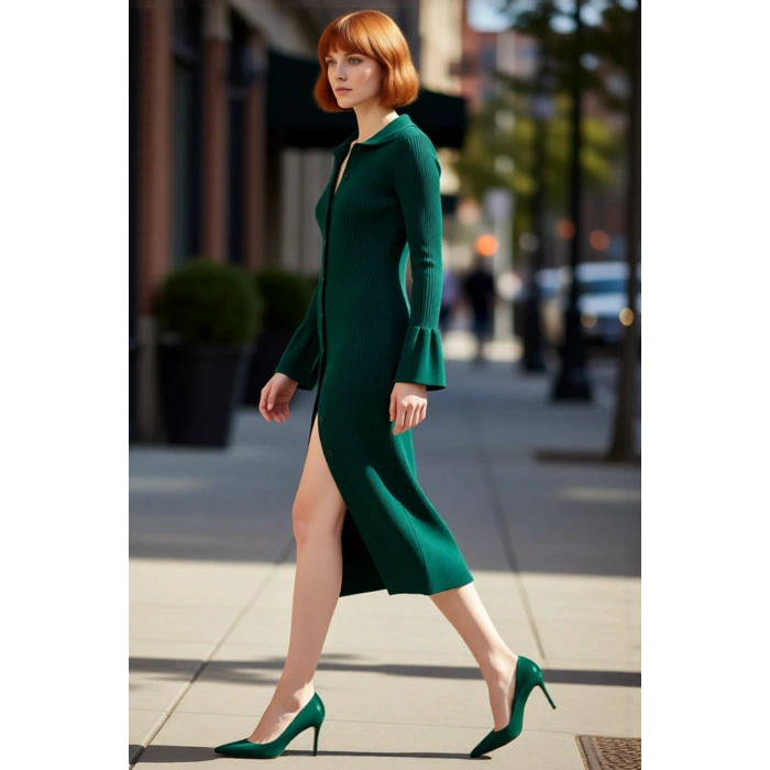 Kadın Yeşil Polo Yaka Fitilli Triko Maxi Elbise Uzun Kollu Vücuda Oturan Şık Kışlık Tasarım