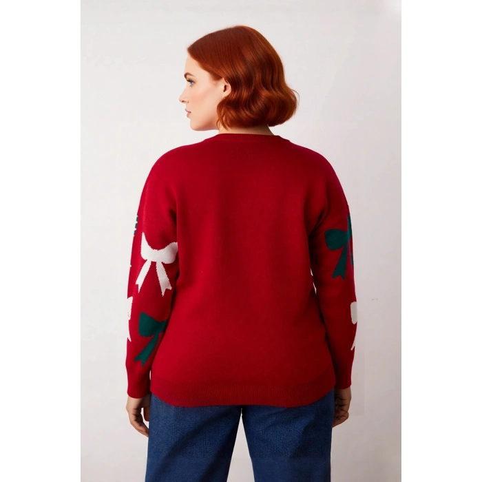 Kadın Yılbaşı Temalı Fiyonk Desenli İncili Bisiklet Yaka Uzun Kol Düşük Omuz Kalın Triko Kazak