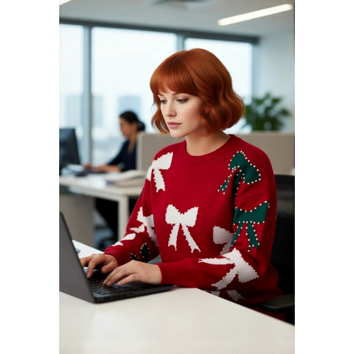 Kadın Yılbaşı Temalı İncili Fiyonk Desenli Bisiklet Yaka Uzun Kol Kalın Regular Fit Akrilik Kazak