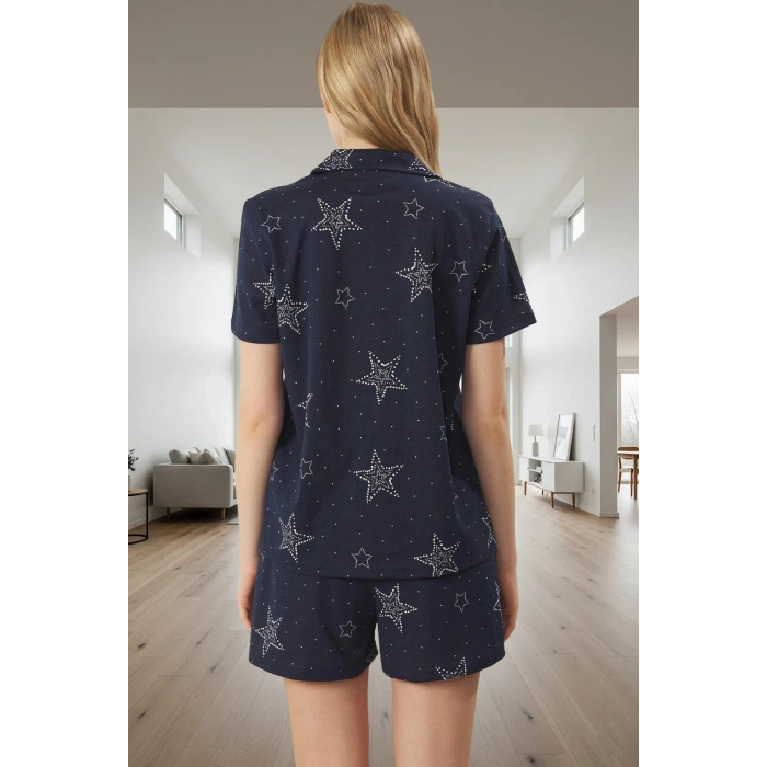 Kadın Yıldız Desenli Örme Pijama Takımı Rahat Yazlık Uyku Seti Özel Tasarım Ve Şık