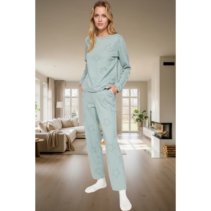 Kadın Yıldız Desenli Pamuklu Pijama Takımı Rahat Ev Giyim Seti Seçkin Malzeme Özenle Seçilmiş