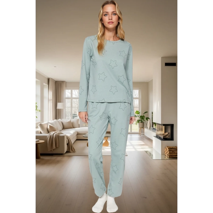 Kadın Yıldız Desenli Pamuklu Pijama Takımı Rahat Ev Giyim Seti Seçkin Malzeme Özenle Seçilmiş