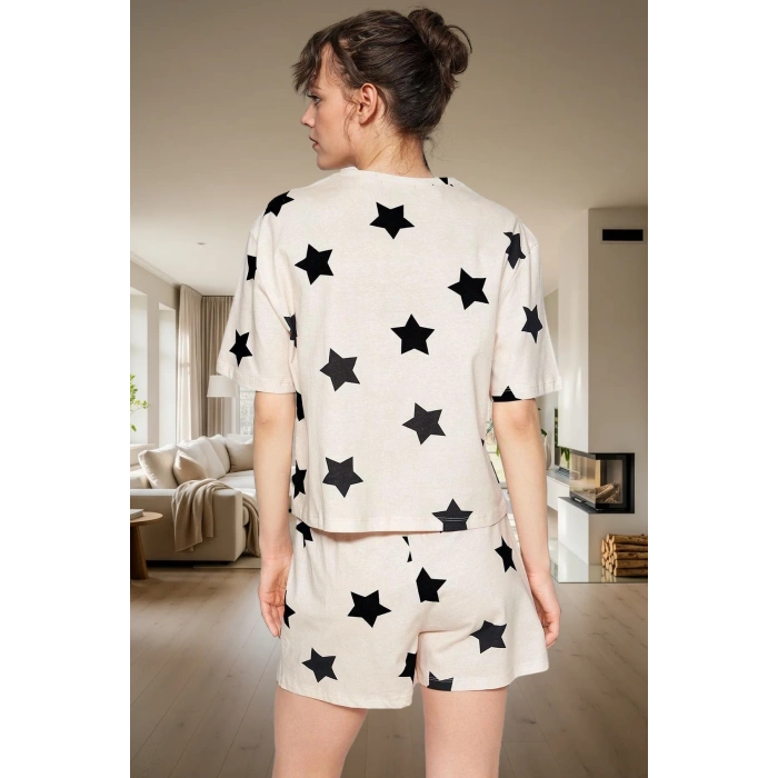 Kadın Yıldız Desenli Pamuklu Pijama Takımı Rahat Yazlık Şortlu Kaliteli İşçilik Dayanıklı Malzeme