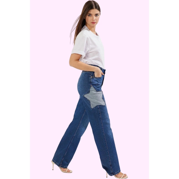Kadın Yıldız Detaylı Denim Pantolon Pamuk Günlük ve Rahat Kullanım Yaz Aylarının Vazgeçilmezi