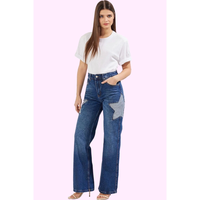 Kadın Yıldız Detaylı Denim Pantolon Pamuk Günlük ve Rahat Kullanım Yaz Aylarının Vazgeçilmezi