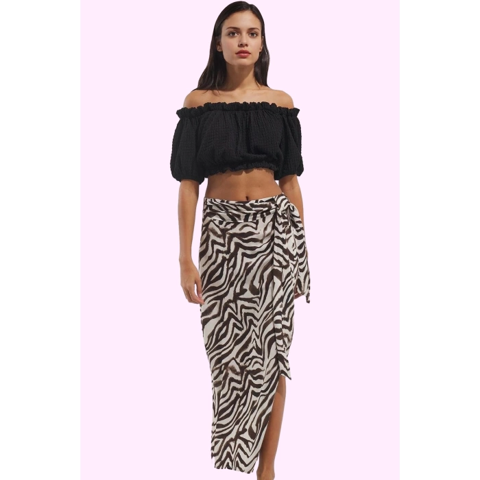 Kadın Yırtmaçlı Sarong Zebra Desenli Etek Viskoz Kuşak Detayı Günlük Şıklık Modern Tasarım