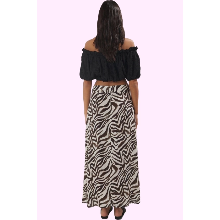 Kadın Yırtmaçlı Sarong Zebra Desenli Etek Viskoz Kuşak Detayı Günlük Şıklık Modern Tasarım