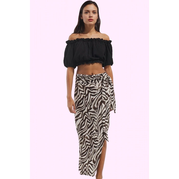 Kadın Yırtmaçlı Sarong Zebra Desenli Etek Viskoz Kuşak Detayı Günlük Şıklık Modern Tasarım