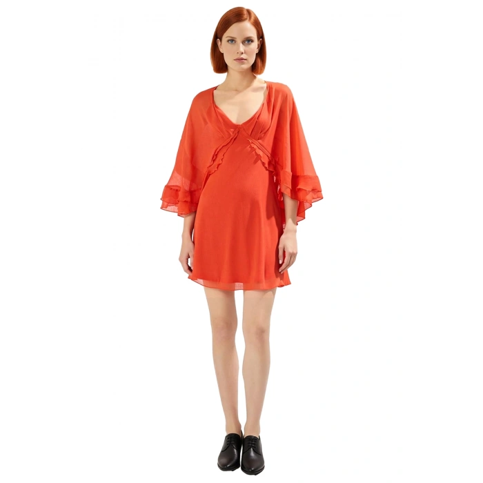 Kadın Yoryo Şifon Çiçekli Pelerin Detaylı V Yaka Mini Elbise İlkbahar Yaz Kokteyl Davetleri İçin