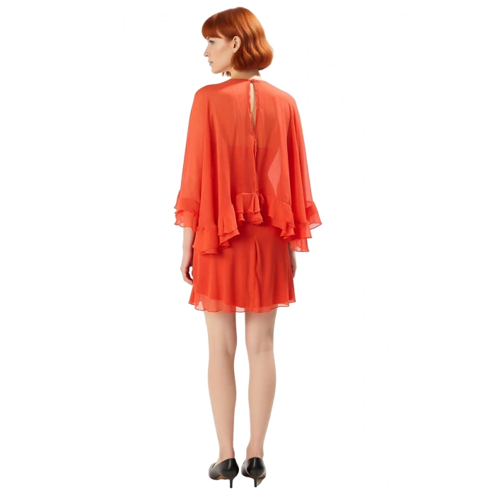 Kadın Yoryo Şifon Çiçekli Pelerin Detaylı V Yaka Mini Elbise İlkbahar Yaz Kokteyl Davetleri İçin