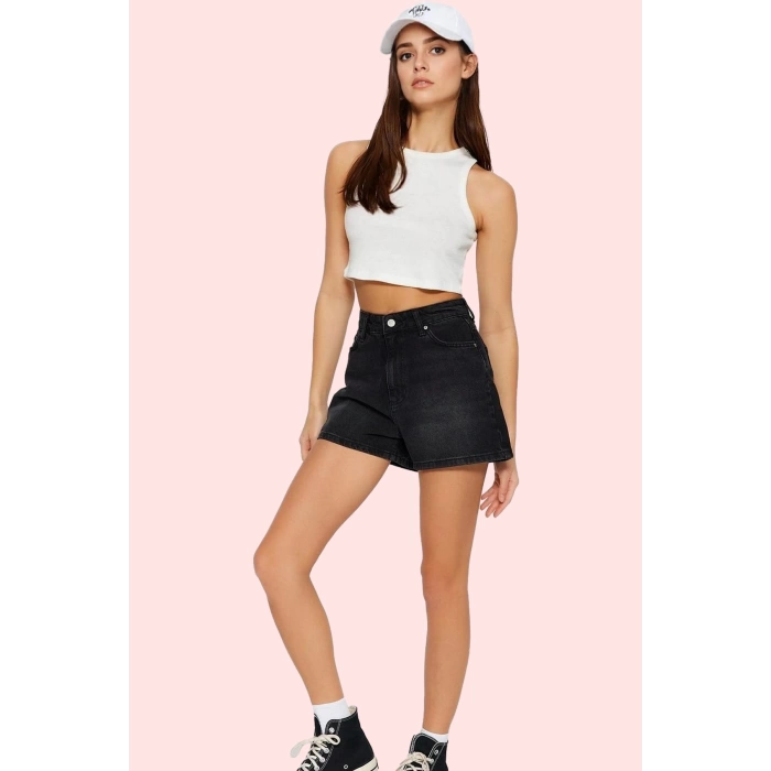 Kadın Yüksek Bel City Short Denim Şort Düz Desen Regular Boy Pamuklu Günlük Kullanım Hafta Sonu