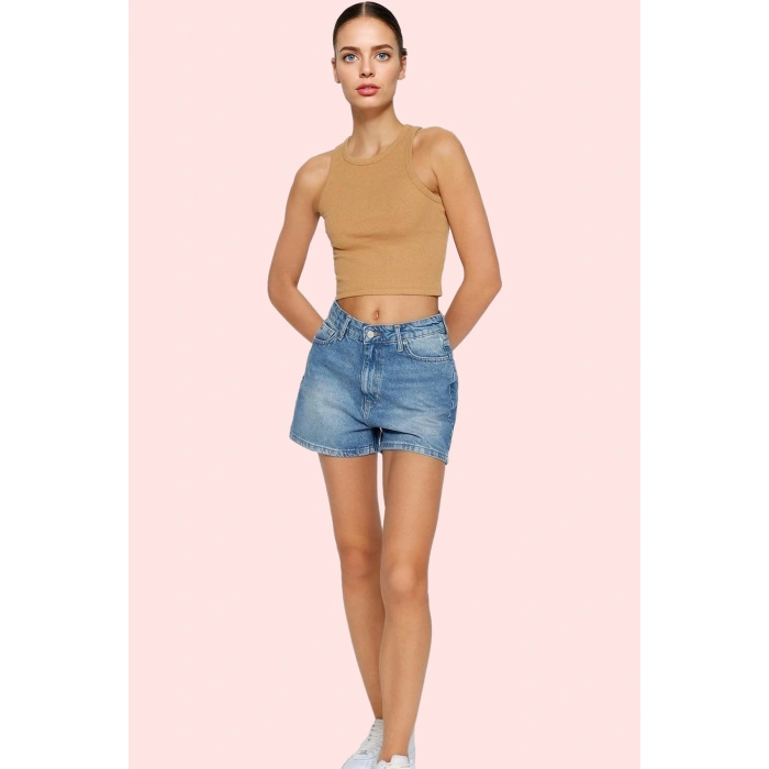 Kadın Yüksek Bel City Short Denim Şort Düz Desen Regular Boy Pamuklu Günlük Kullanım Hafta Sonu