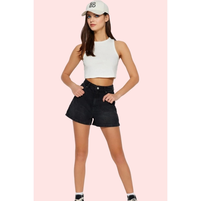 Kadın Yüksek Bel City Short Denim Şort Düz Desen Regular Boy Pamuklu Günlük Kullanım Hafta Sonu