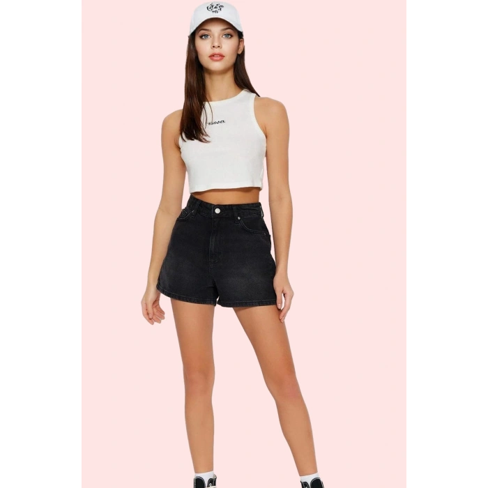 Kadın Yüksek Bel City Short Denim Şort Düz Desen Regular Boy Pamuklu Günlük Kullanım Hafta Sonu