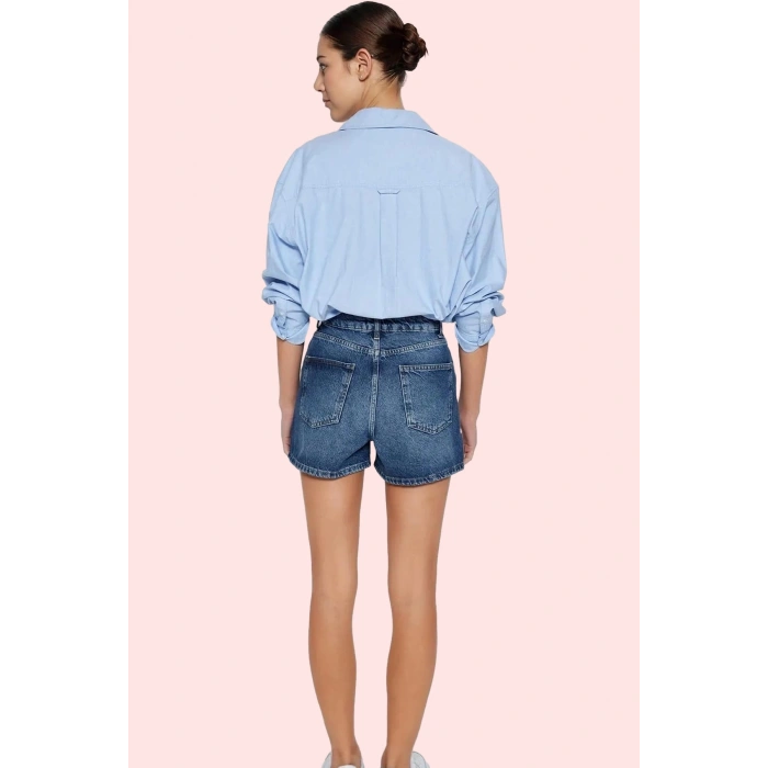 Kadın Yüksek Bel City Short Denim Şort Düz Desen Regular Boy Pamuklu Günlük Kullanım Hafta Sonu