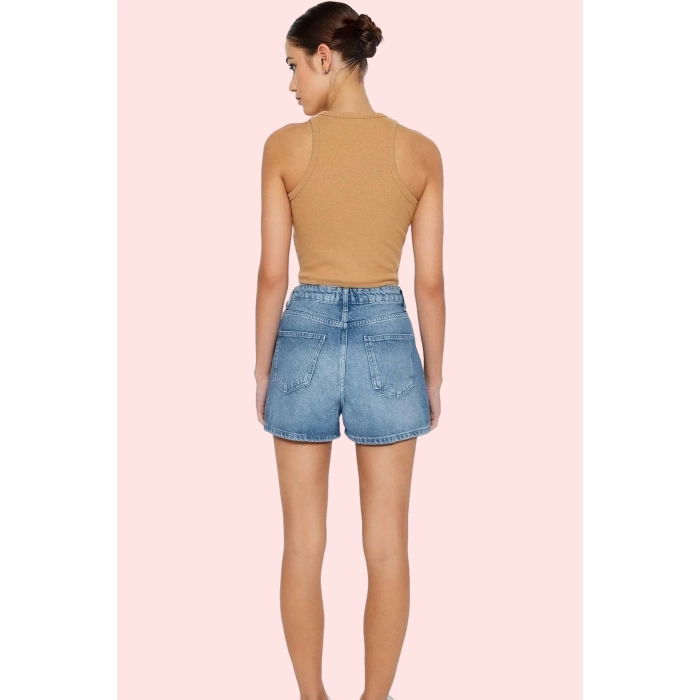 Kadın Yüksek Bel City Short Denim Şort Düz Desen Regular Boy Pamuklu Günlük Kullanım Hafta Sonu