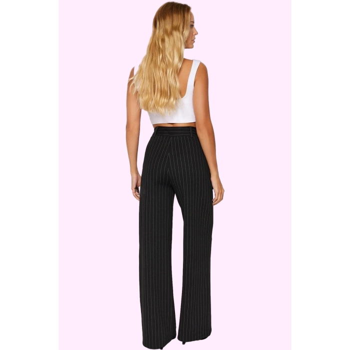 Kadın Yüksek Bel Çizgili Straight Fit Pantolon İnterlok Örme Kışlık Yaz Aylarının Vazgeçilmezi